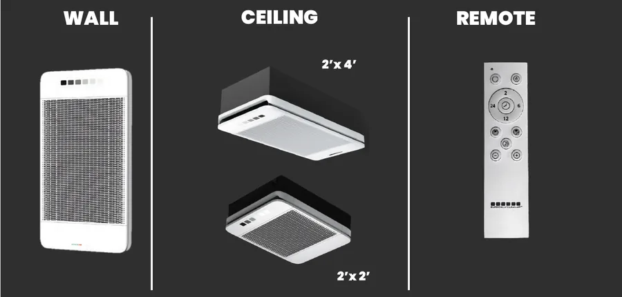 Cobalt available as a wall unit, ceiling units in 2 by 4 and 2 by 2 foot sizes, and a remote control.