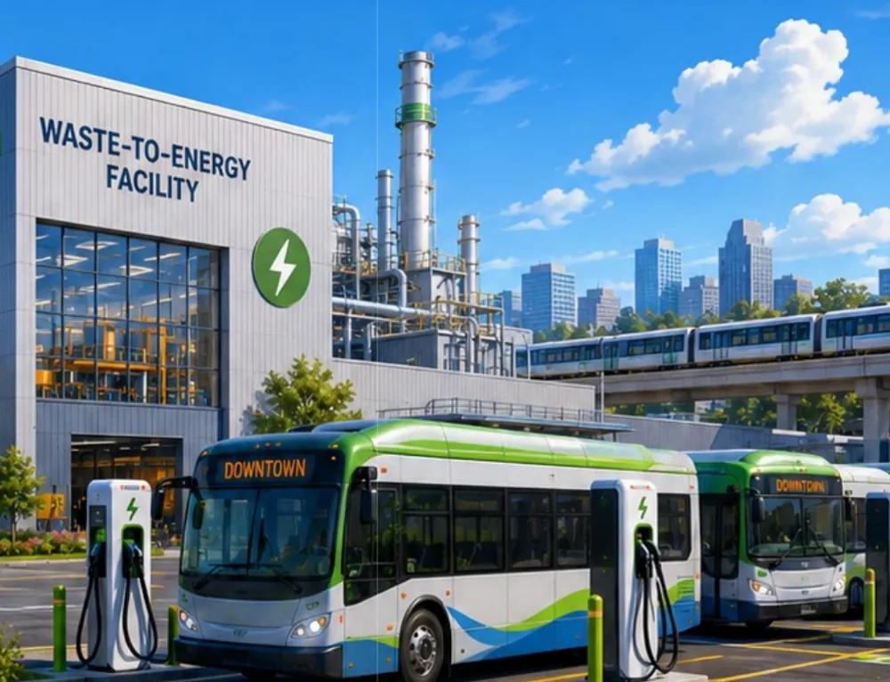 Electric buses charging at a depot with battery storage