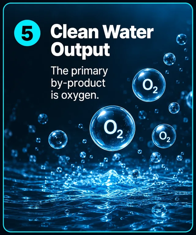 Step 5: Clean water output. Oxygen (O2) bubbles rise from clean water.