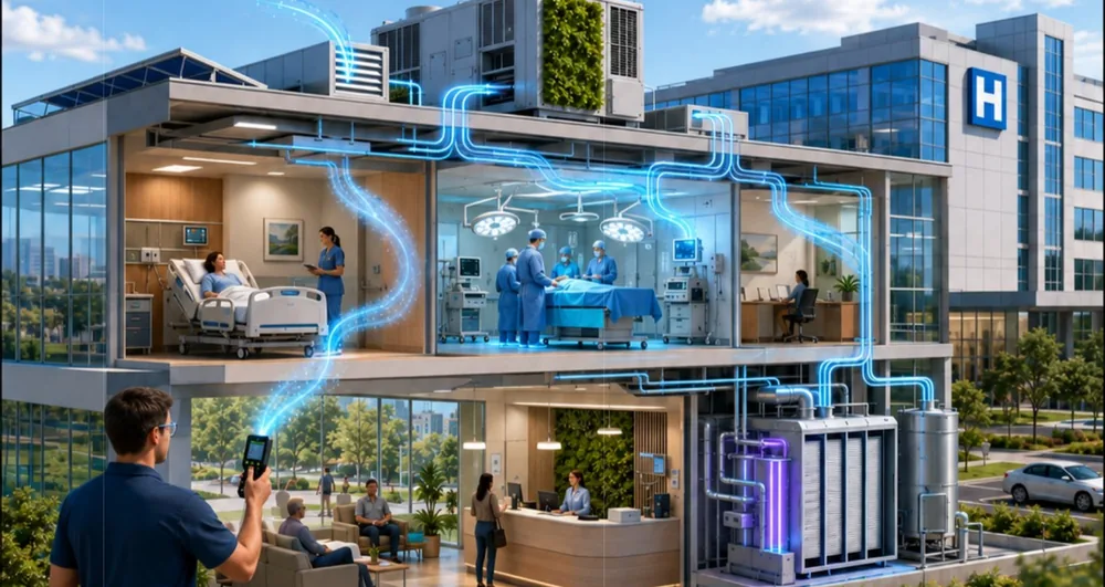 HVAC and indoor air quality solutions illustrated in a hospital building