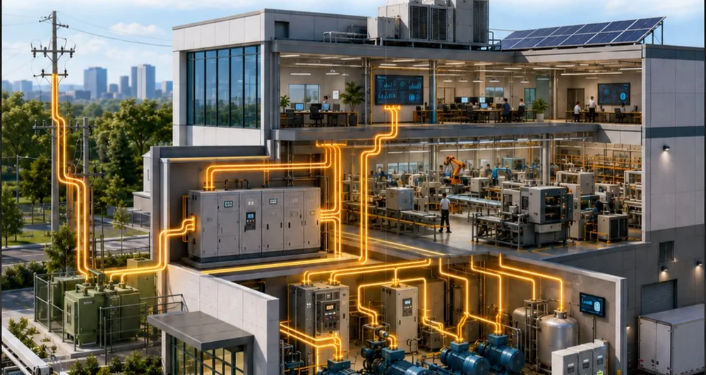 Power distribution illustrated through a manufacturing facility